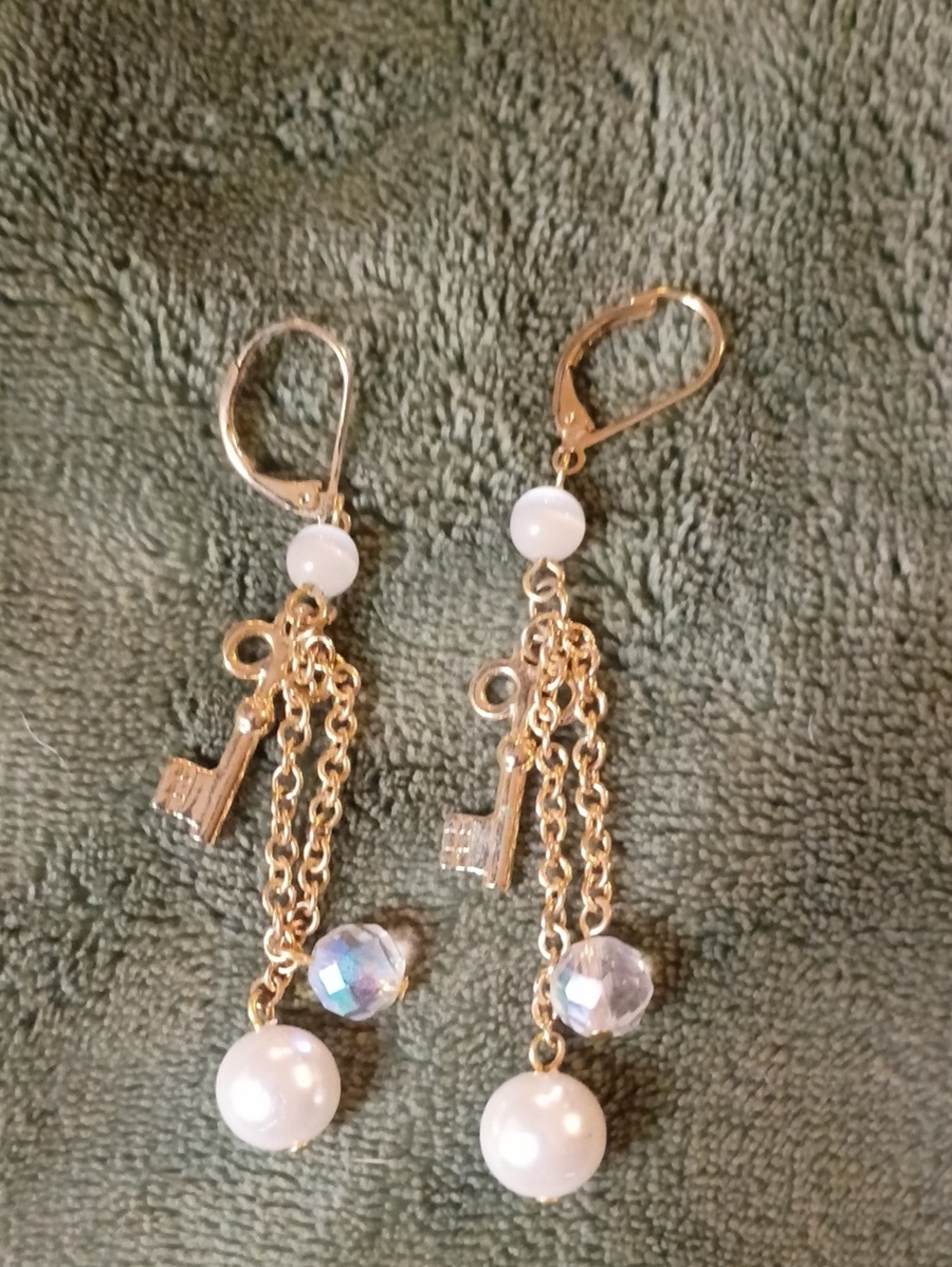 Gold Pearl Drop Key Charm Earrings with Crystal Accent
